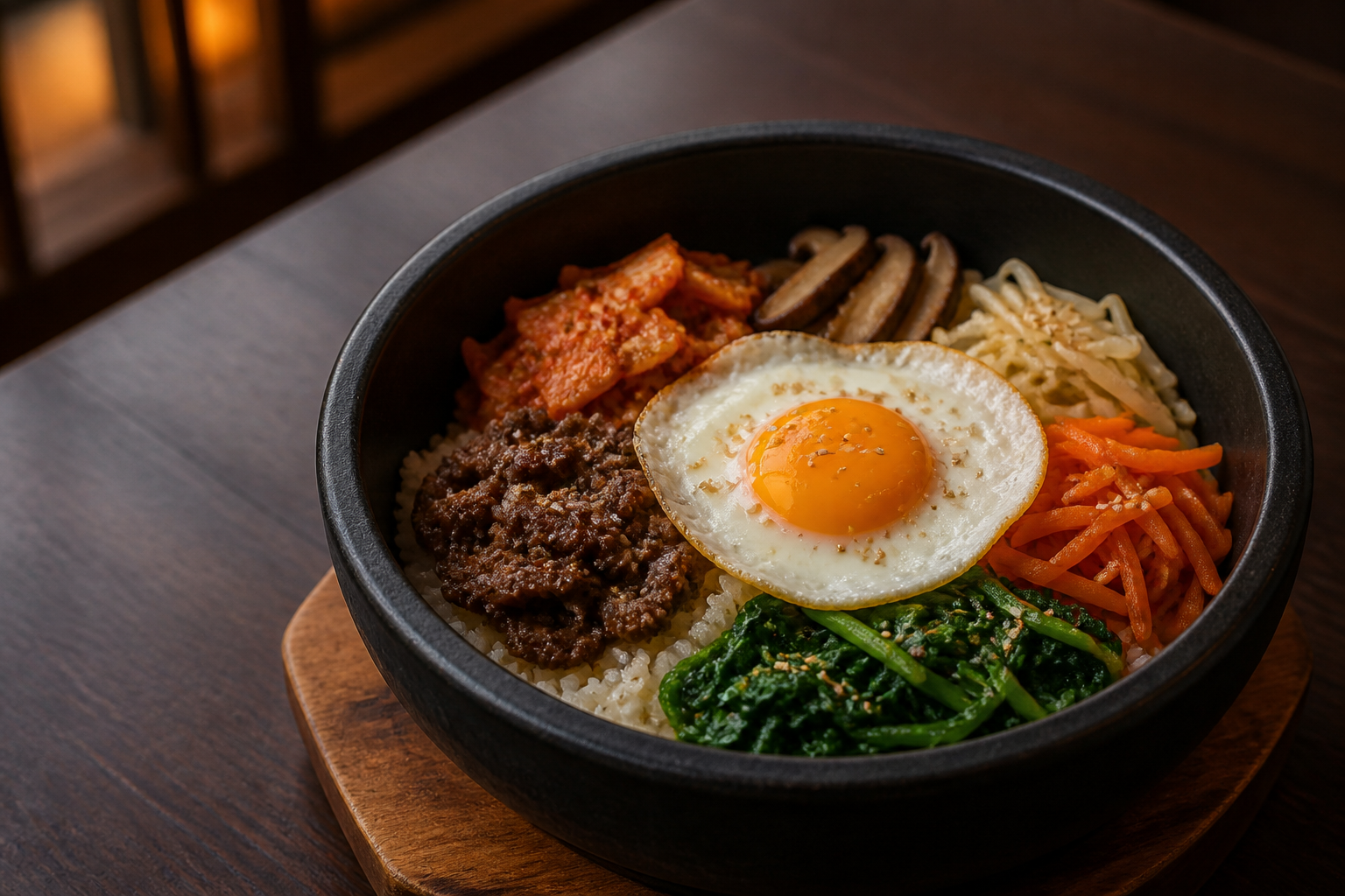 Beef bibimbap with vegetables and a fried egg