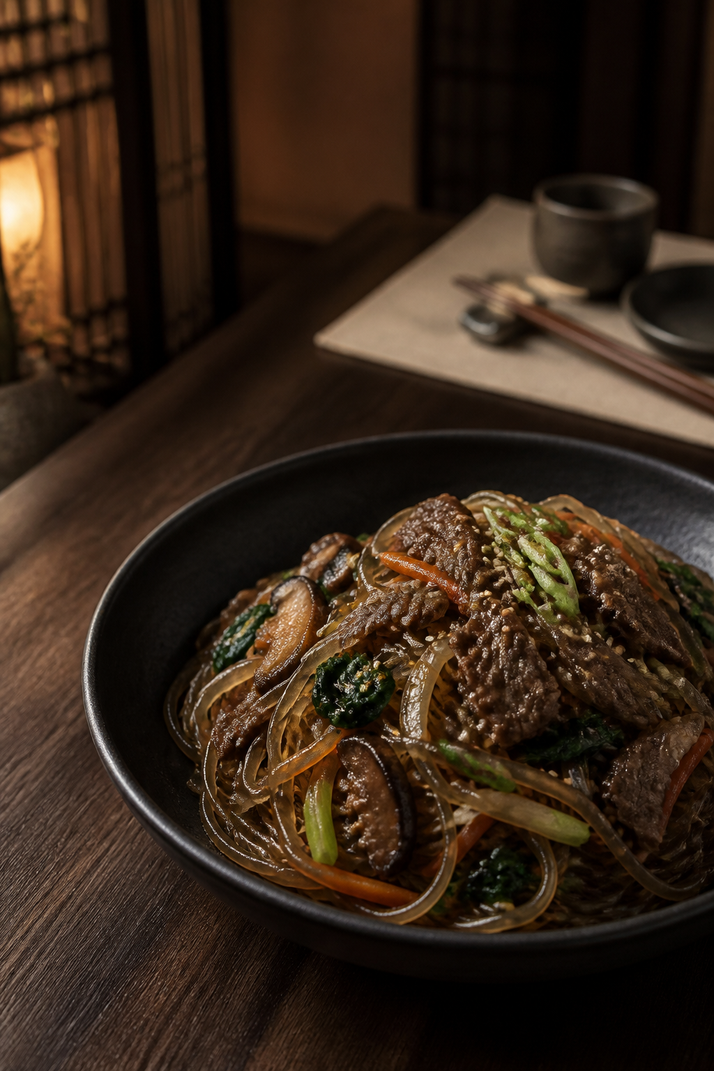Korean glass noodles served in a dark ceramic bowl
