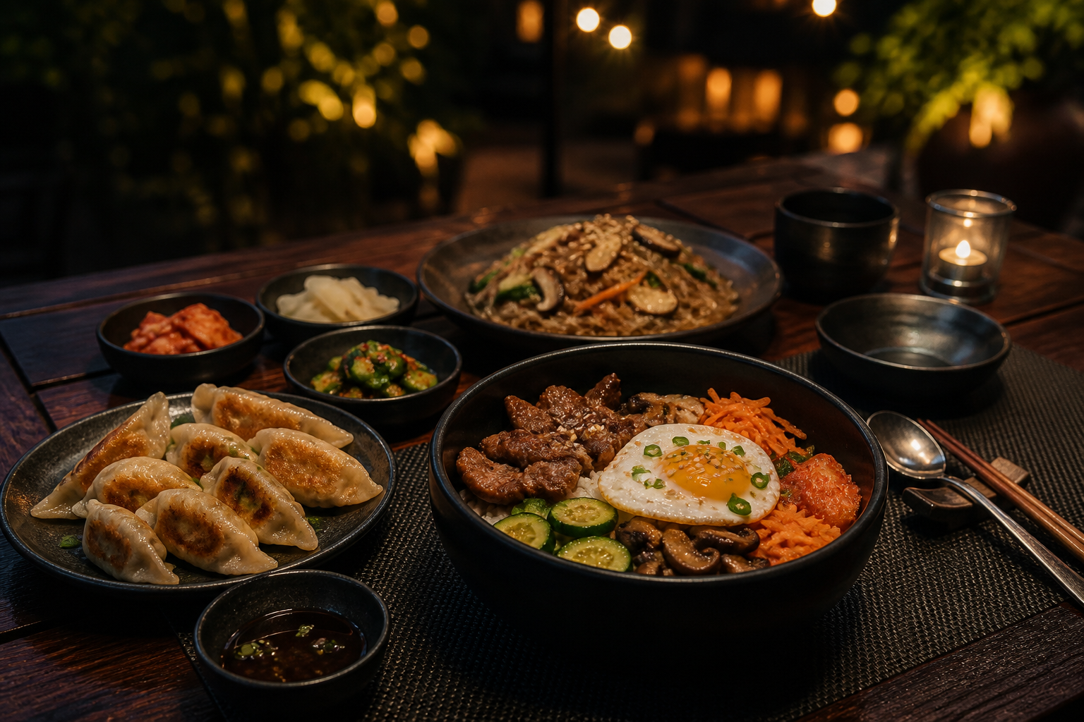 Korean dishes laid out for sharing at an evening table