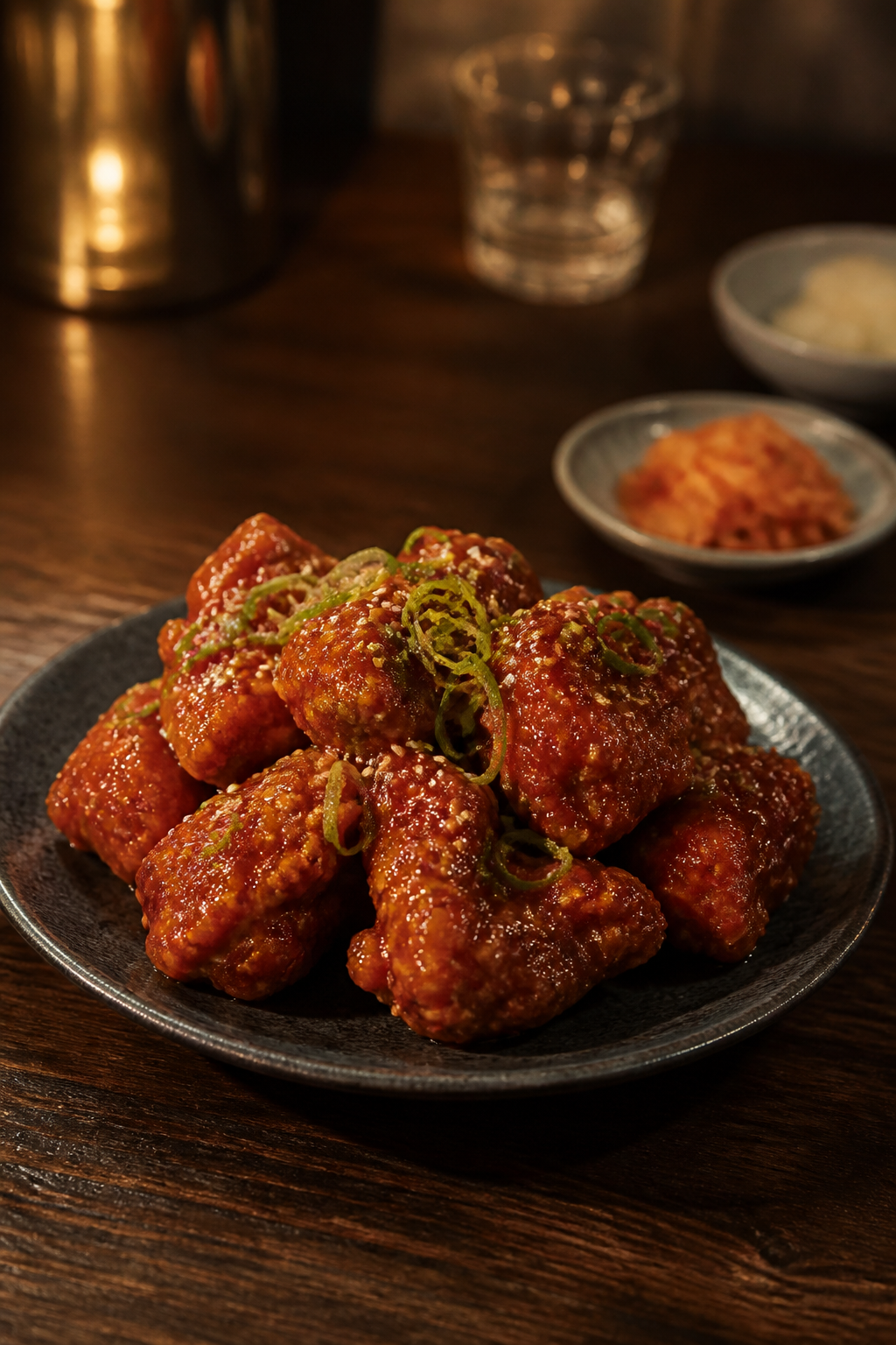 Korean fried chicken on a dark plate